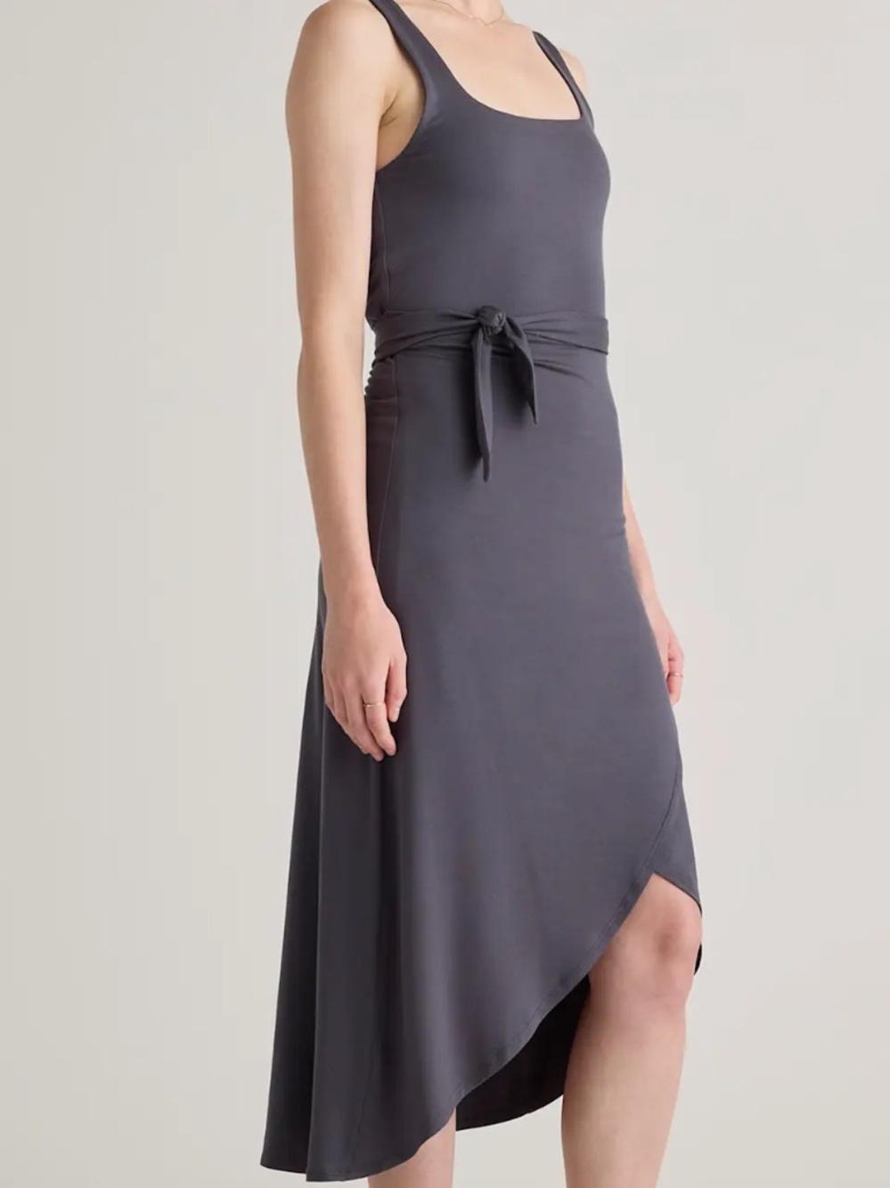 QUINCE TENCEL BLACK JERSEY SIDE TIE FAUX WRAP MIDI DRESS SIZE MEDIUM